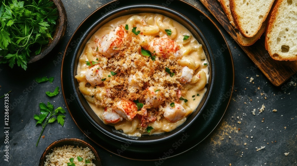 A luxurious bowl of lobster mac and cheese with a crispy breadcrumb topping and chunks of tender lobster, served with a side of garlic bread, Mac and cheese centered