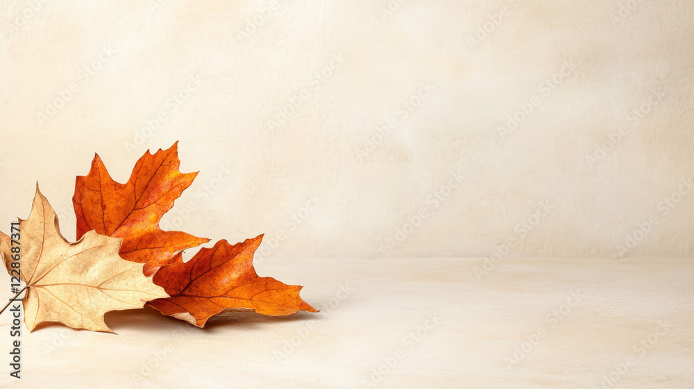 Dried autumn leaves on beige surface create warm, seasonal atmosphere Dried autumn leaves on beige surface create warm, seasonal atmosphere