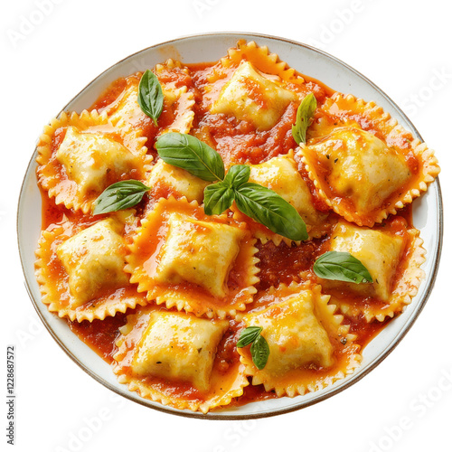 A plate of ravioli stuffed with cheese and covered in marinara sauce. isolated on transparency background