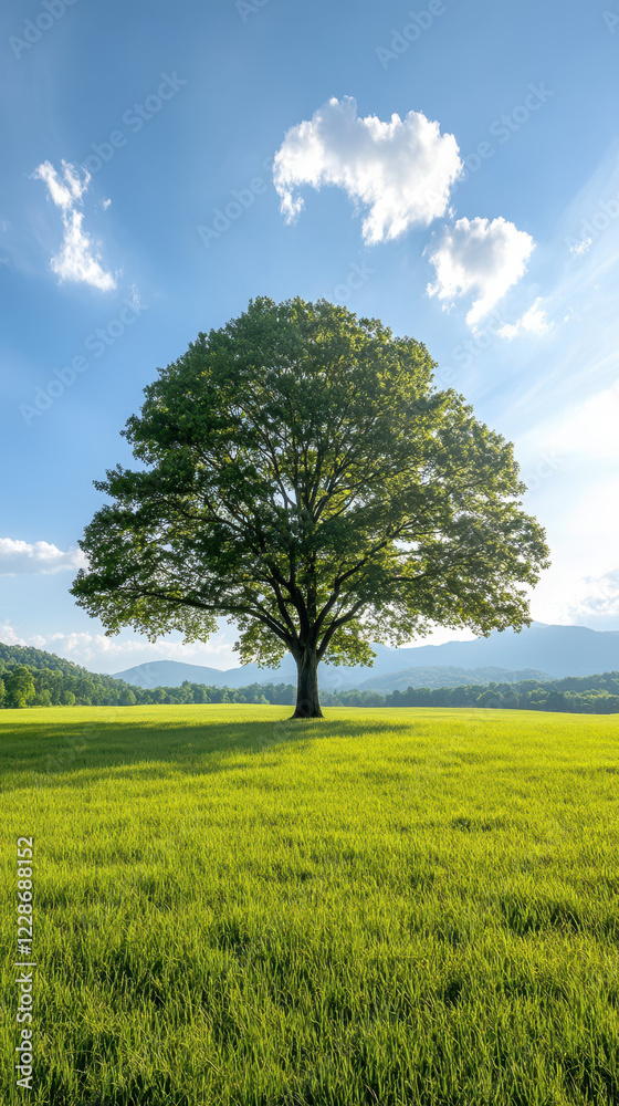solitary oak tree stands tall in lush green field under bright sky solitary oak tree stands tall in lush green field under bright sky