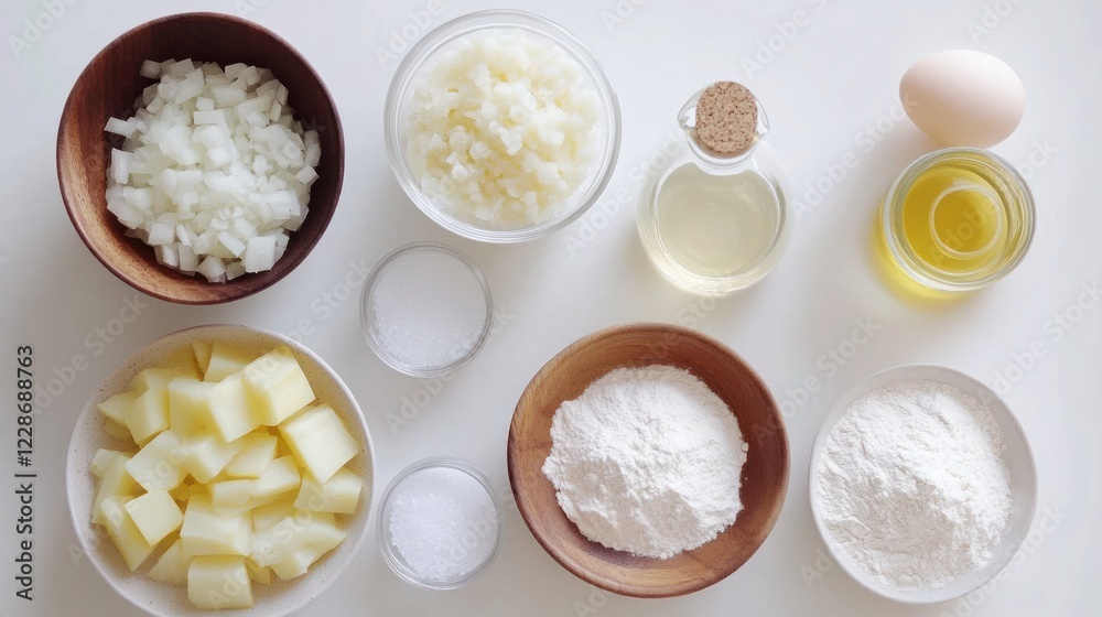 Top view of different food ingredients in bowls and dishes ready for cooking a recipe Top view of different food ingredients in bowls and dishes ready for cooking a recipe