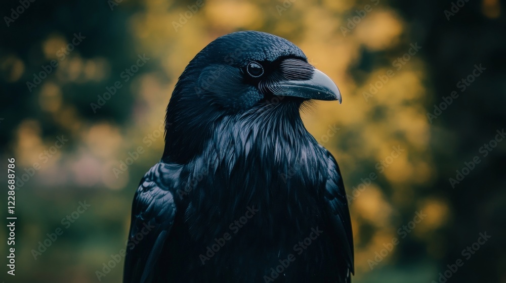 Fototapeta premium Close up portrait of a black raven with a blurred background.