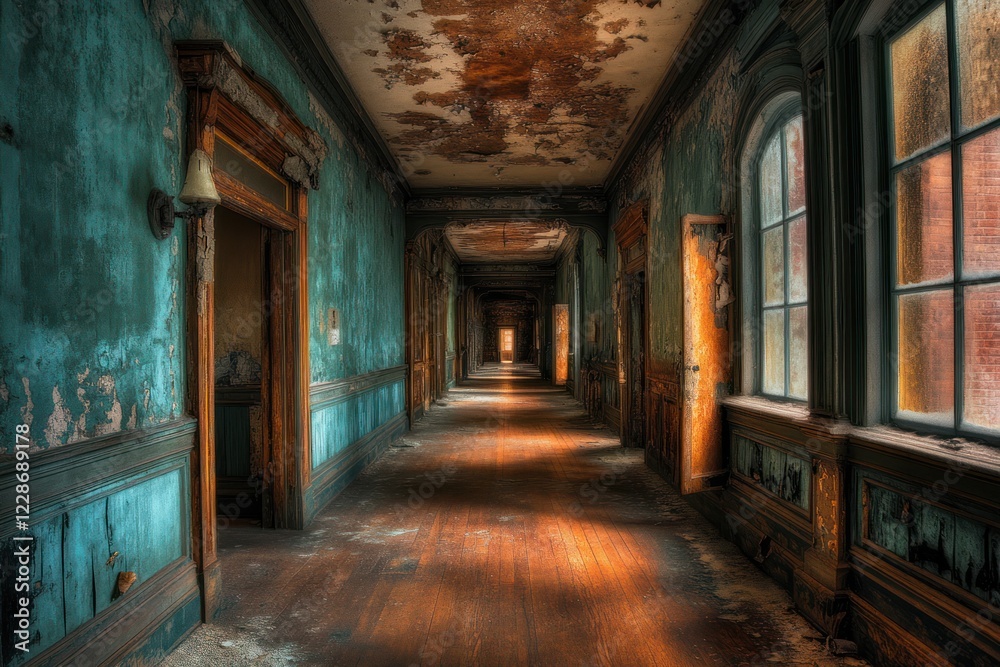 Decaying hallway, abandoned building, sunlight, peeling paint, eerie atmosphere, historical architecture, mystery, exploration, photography Decaying hallway, abandoned building, sunlight, peeling paint, eerie atmosphere, historical architecture, mystery, exploration, photography