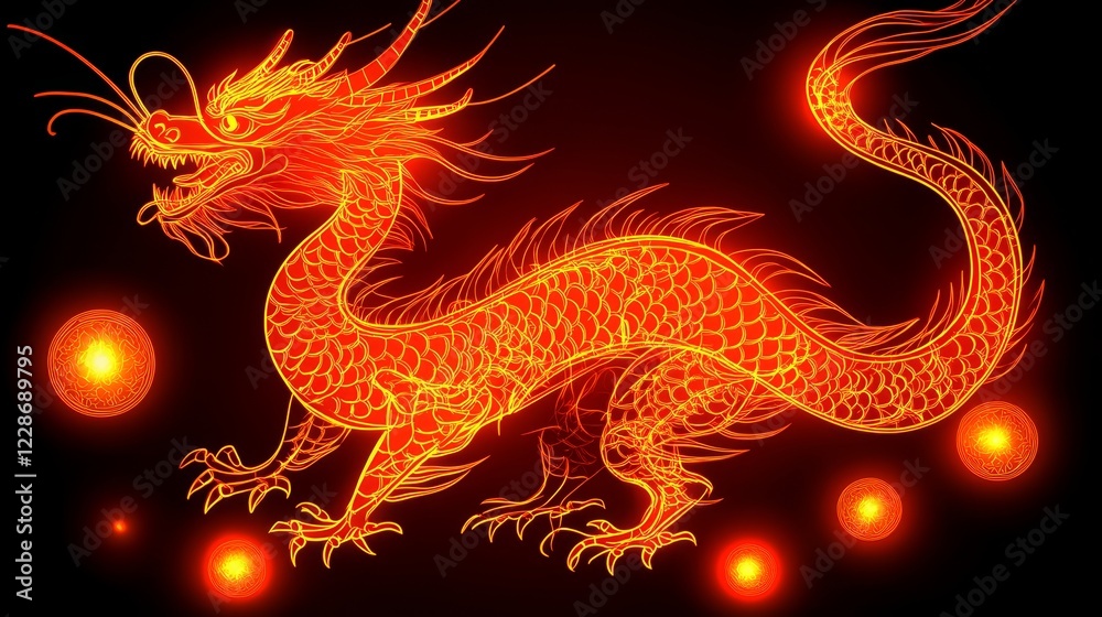 Fototapeta premium Fiery Celestial Dragon Illuminated in Red Glowing Orbs