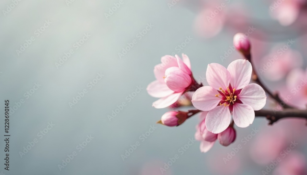 Cherry blossom buds against a soft gray background, pastels, buds Cherry blossom buds against a soft gray background, pastels, buds