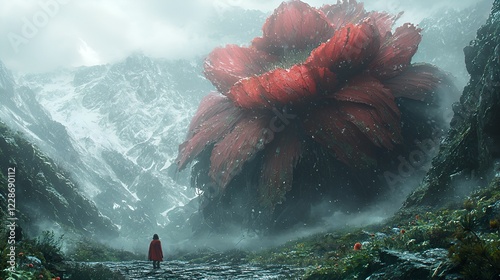 Woman gazes at giant flower in misty mountains