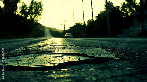 Damaged road asphalt closeup, sunset highway, car driving away, rural setting; travel, stock photo