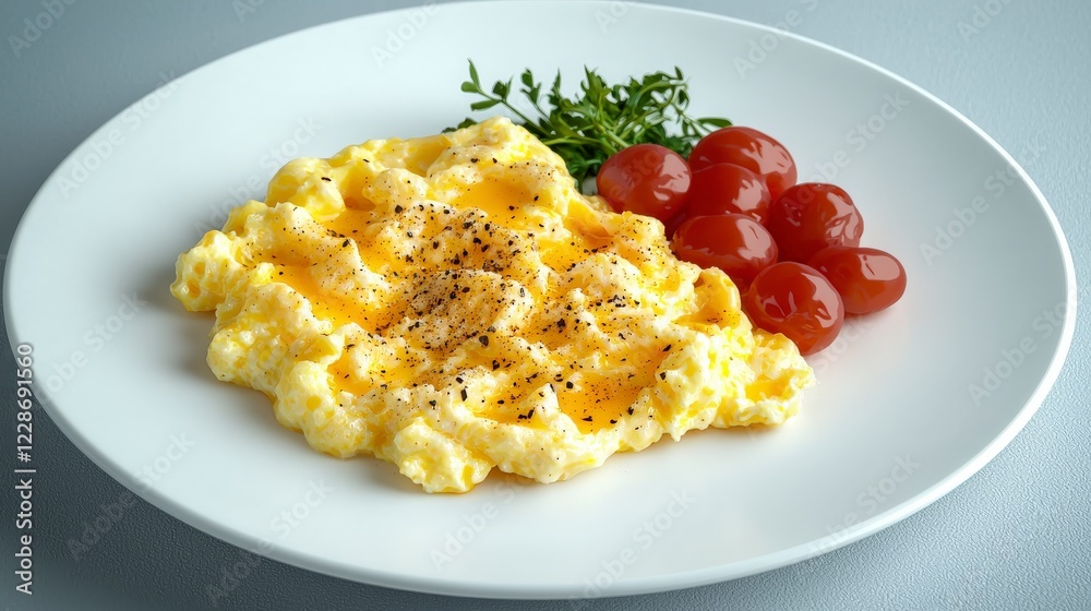 Creamy Scrambled Eggs with Fresh Tomatoes and Green Herbs on a White Plate for a Delicious Breakfast Menu Creamy Scrambled Eggs with Fresh Tomatoes and Green Herbs on a White Plate for a Delicious Breakfast Menu