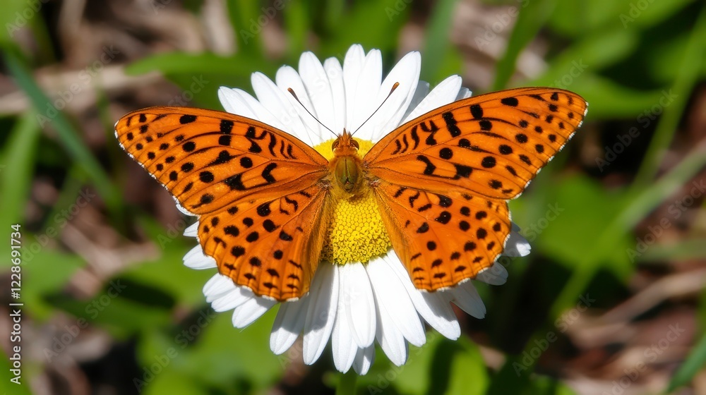 Obraz premium Bright Orange Butterfly Resting on a White Daisy Flower in Nature