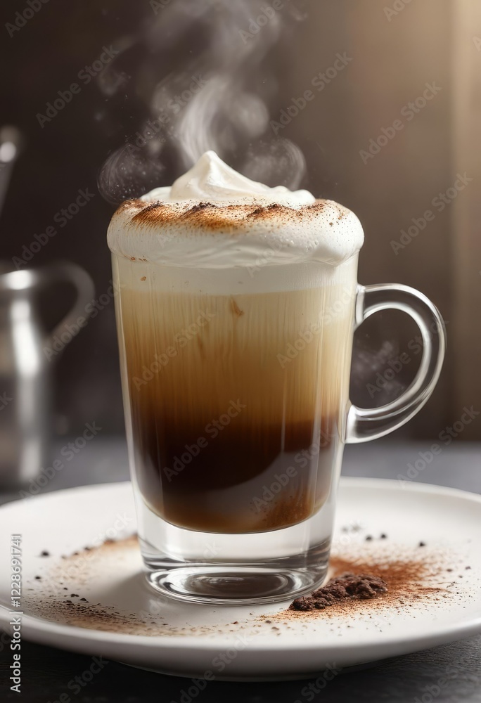 High-quality image of a steaming espresso shot topped with thick layer of white foamy crema, coffee beans, brewing process, beverage High-quality image of a steaming espresso shot topped with thick layer of white foamy crema, coffee beans, brewing process, beverage
