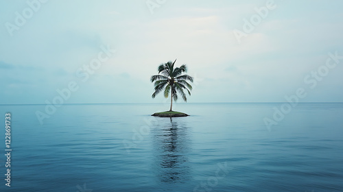 ocean scene with a single small island and a coconut tree in the center 