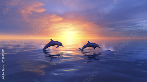 ocean horizon with a pod of dolphins jumping in the distance 
