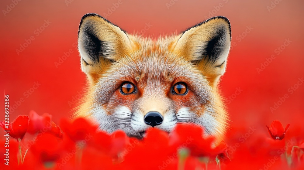 Fototapeta premium Red Fox Surrounded by Vibrant Poppies in Colorful Spring Landscape