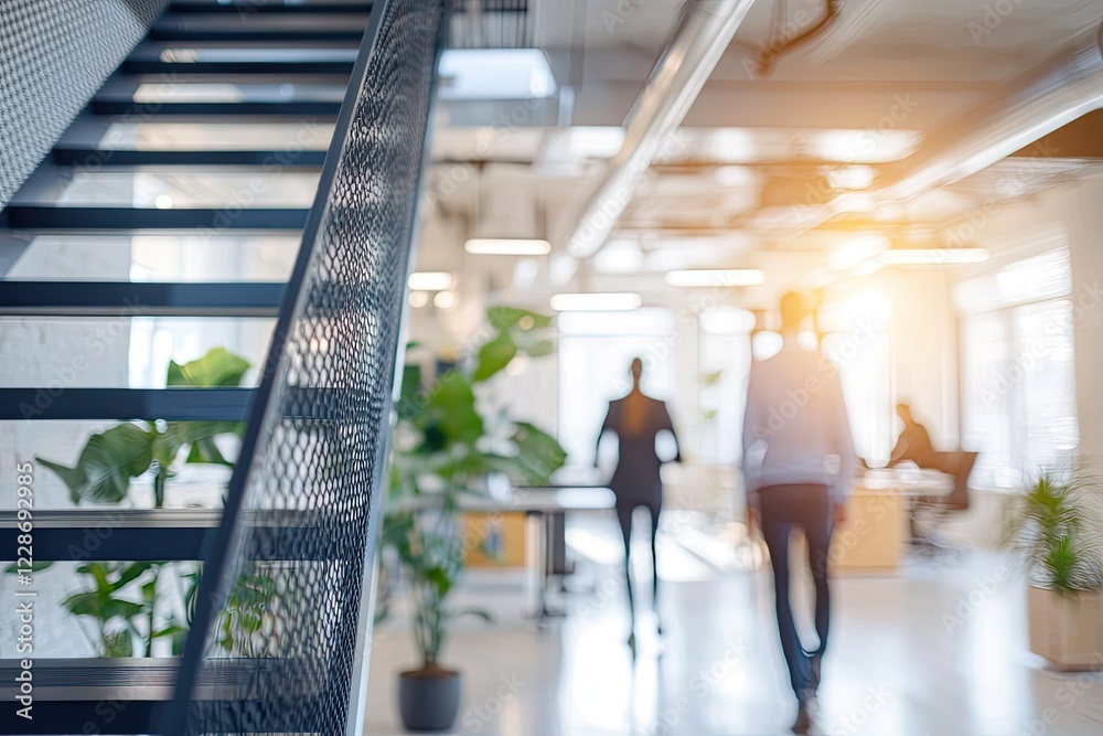 Obraz premium Blurred business people walking in corridor of modern office building, panoramic banner. Business concept