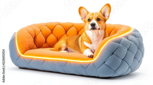 Stylish Corgi Relaxing on Modern Pet Bed with Orange and Blue Colors photo