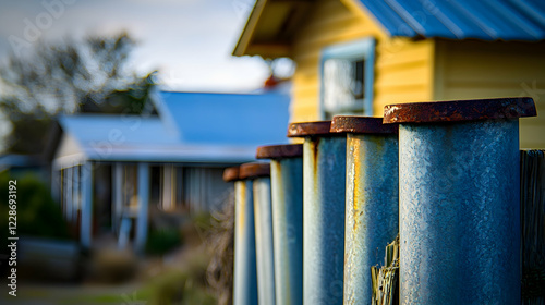 Rustic blue metal fence posts, weathered, coastal village backdrop, sunset light, architectural detail photo