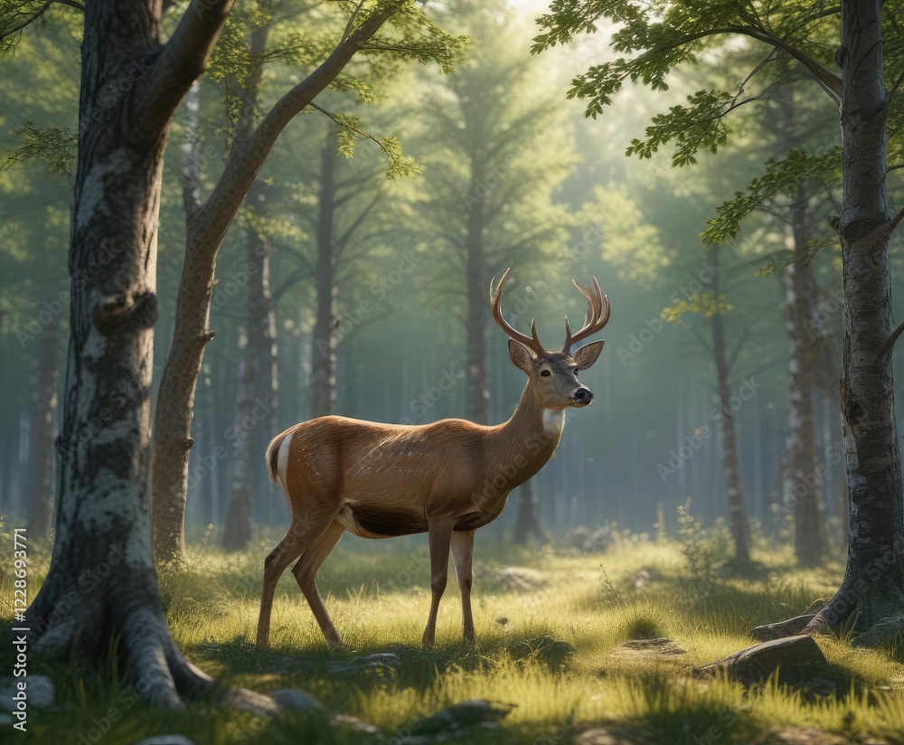 Lone deer enjoying a quiet moment among the trees in Siberian forest, natural beauty, wild animal, sanctuary