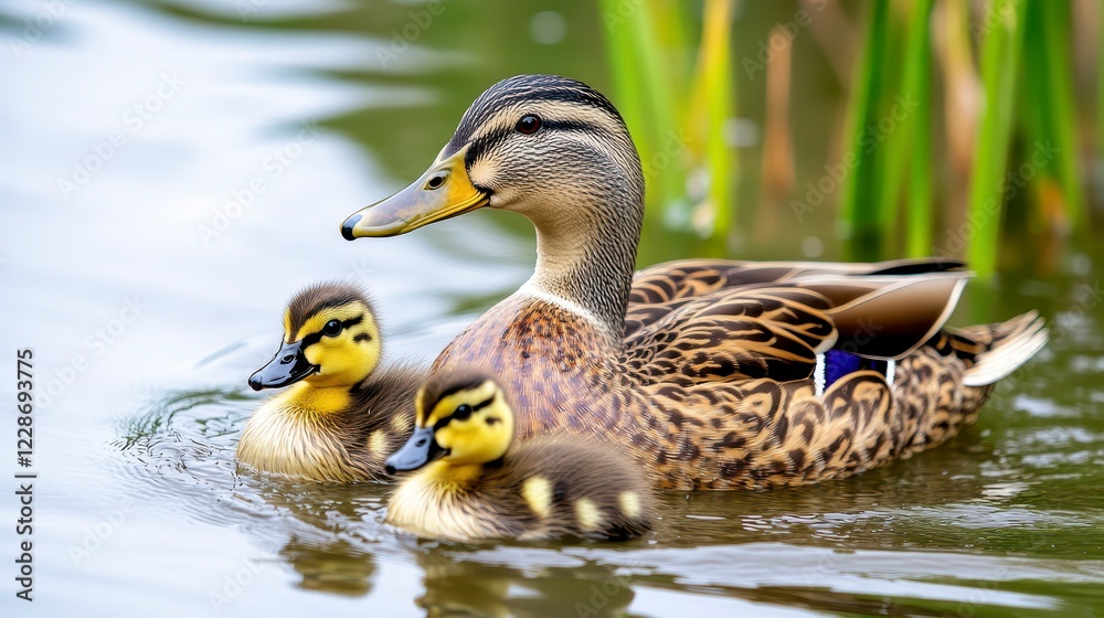 Mother Duck Swimming with Ducklings in Calm Freshwater Pond Mother Duck Swimming with Ducklings in Calm Freshwater Pond