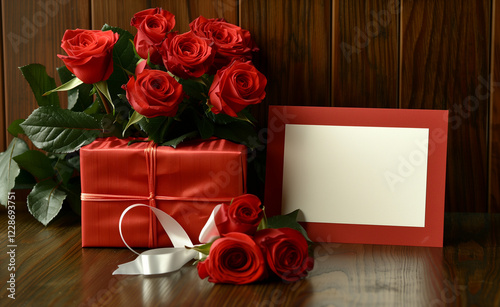 Red Roses and Gift Box with Blank Frame on Dark Wooden Background