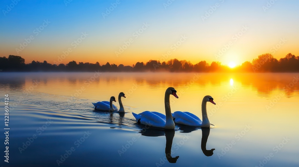Fototapeta premium Graceful Swans Gliding on Calm Lake at Sunrise with Golden Reflections