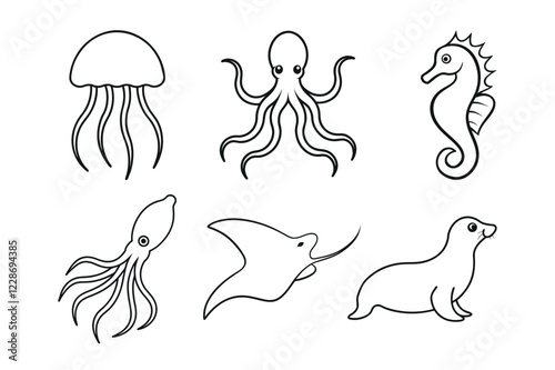 Sea animal line art vector set, Jellyfish, Octopus, Sea Horse, Squid, Seal, Stingray. Sea animal bundle line art vector isolated on white background. Collection of outline sea animal illustrations. photo