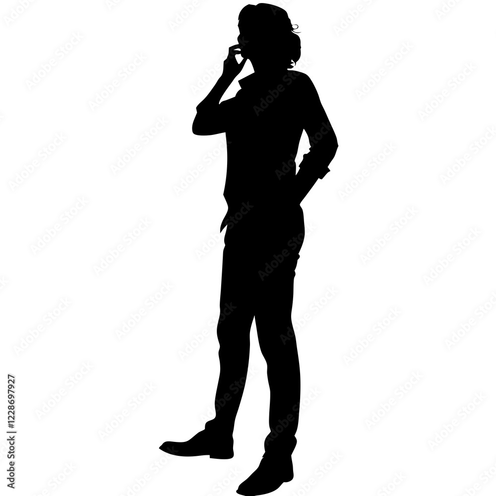 A woman is standing in front of a white background. She is wearing black pants and a black shirt A woman is standing in front of a white background. She is wearing black pants and a black shirt