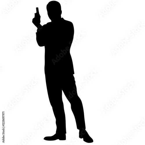 A man is holding a gun. He is wearing a suit. He is standing in front of a white background