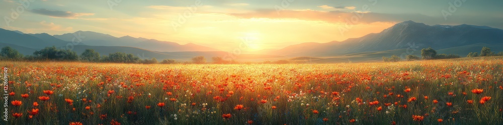 Vibrant Sunset Over Poppy Field with Mountain Backdrop and Glorious Sky Vibrant Sunset Over Poppy Field with Mountain Backdrop and Glorious Sky