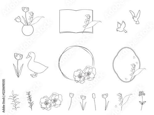 手描きの春の花が綺麗な線画フレームとカットイラストのセット