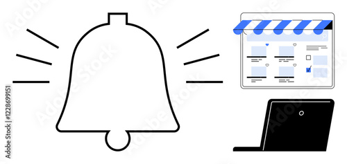 Large ringing bell indicating digital alert, laptop, and storefront screen with products, shopping cart icon, checkmarks. Ideal for e-commerce, notifications, digital marketing, online shopping user