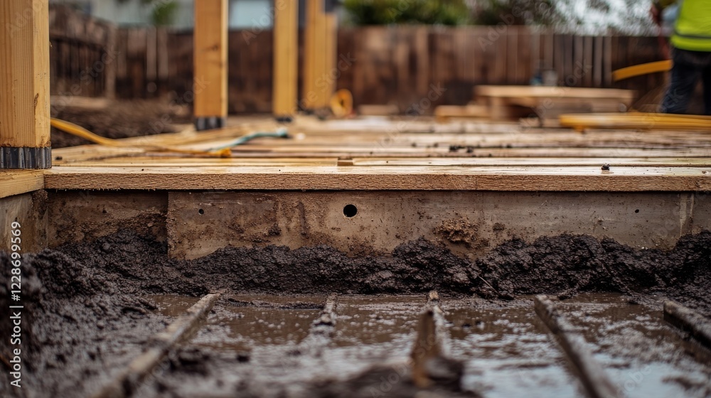 A deep hole in the ground with wooden beams and concrete being poured into it. A deep hole in the ground with wooden beams and concrete being poured into it.