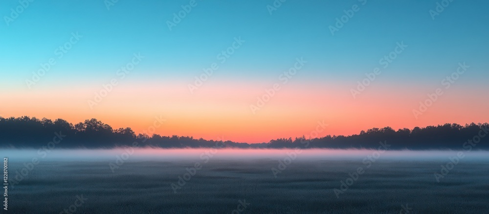 Fototapeta premium Misty sunrise over a tranquil field, pastel sky colors.