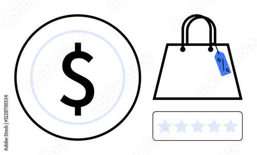 Wallpaper Mural Shopping bag with price tag, dollar sign in a circle, and star rating bar with five empty stars. Ideal for e-commerce, shopping, customer reviews, pricing, retail, consumer feedback online purchase Torontodigital.ca