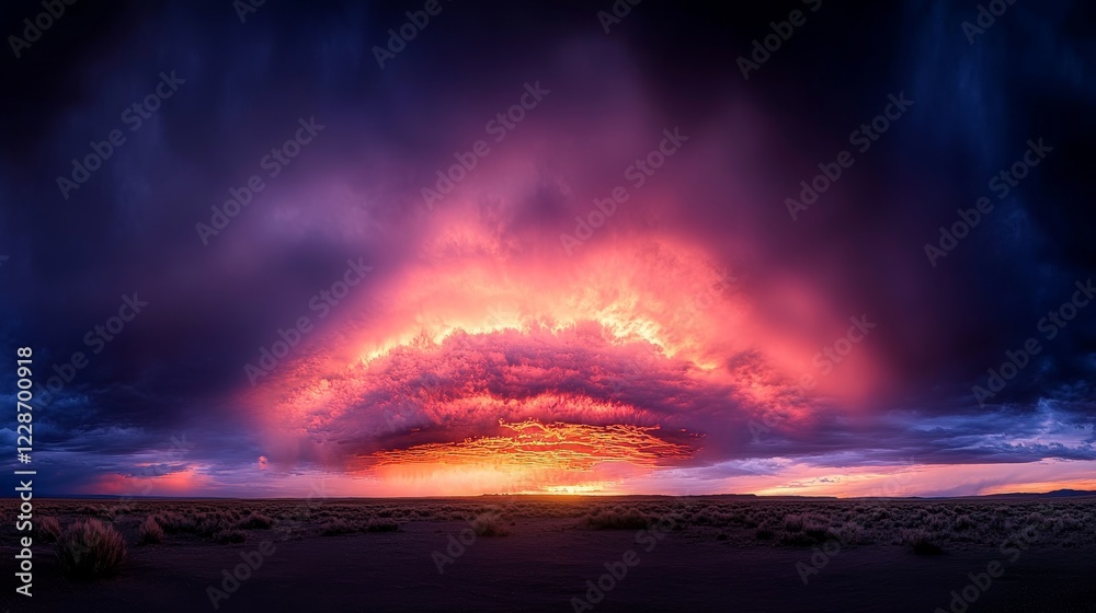 Obraz premium Fiery Sunset Storm Cloud Panorama Over Desert Plains