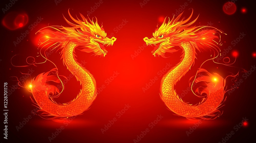 Obraz premium Fiery Twin Dragons Dance Red Background Art