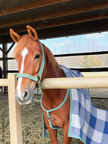 chestnut budyonny gelding horse in halter and blanket eating hay from haynet in shelter in paddock photo