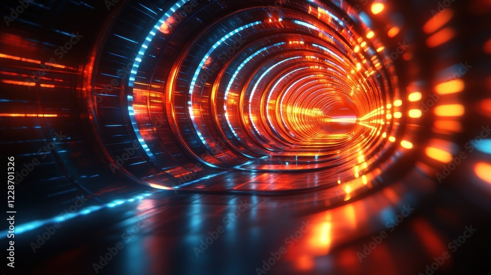 Obraz premium Futuristic tunnel, glowing, abstract, digital, background, travel, concept