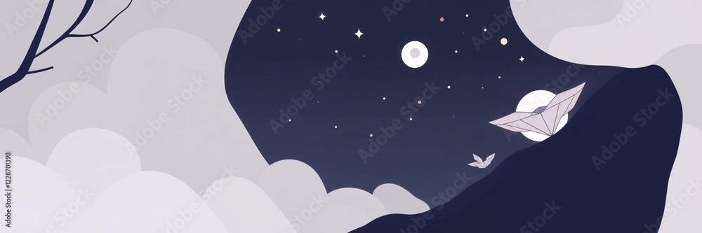 Naklejka premium Stylized illustration of a night sky with stars, clouds, and paper boats, evoking a sense of wonder and imagination 