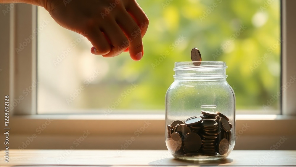 Hand depositing a coin into a glass jar filled with coins. The background features a bright, blurred space that hints at a cozy indoor setting. Hand depositing a coin into a glass jar filled with coins. The background features a bright, blurred space that hints at a cozy indoor setting.