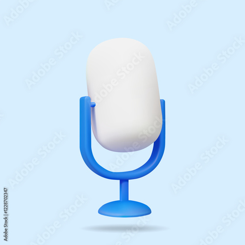 3D vector rendering illustration of a blue and white minimalist style desktop microphone icon. The design is simple, rounded and soft for podcasting, radio, communications, audio applications.