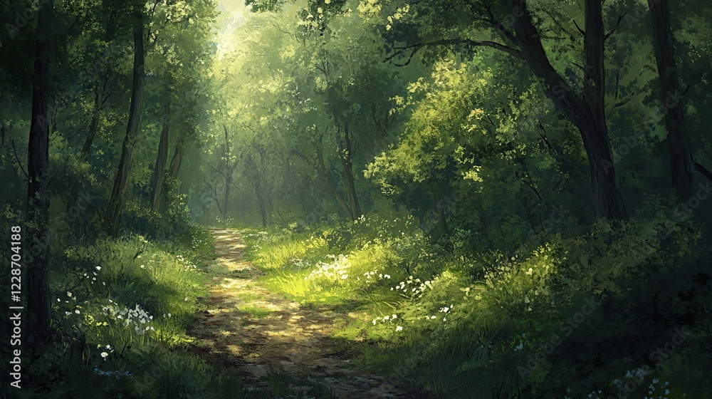 Fototapeta premium Sunlit Forest Path, Meadow, Tranquil Nature Scene, Game Background