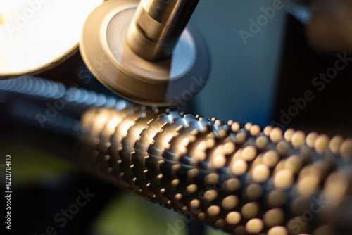 Fotografija A spinning grinder machine  is sharpening the ridged edges on a broach tool inside of a manufacturing company