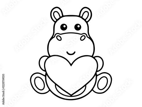 Valentine Day Hippo Holding Heart Line Art