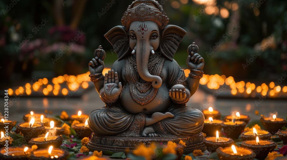 Fototapeta premium Ganesha statue, garden lights, Diwali, India, faith