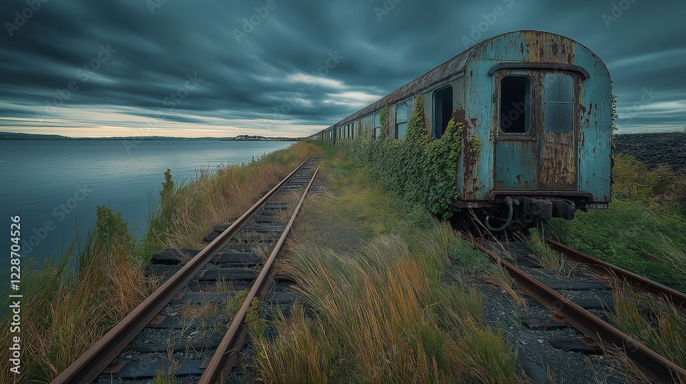 Obraz premium A long exposure of rusting train tracks stretching into the horizon, with an overgrown train car on the side, giving the photo a dreamlike, timeless feel