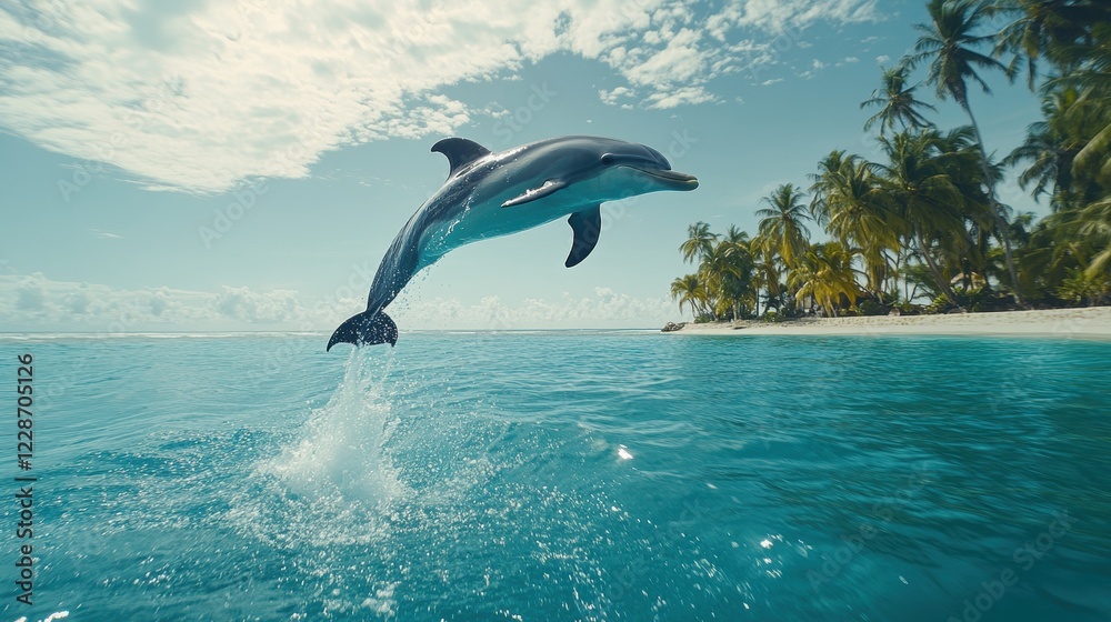 Obraz premium Dolphin Jumping Above Crystal Clear Water Near Tropical Island Beach
