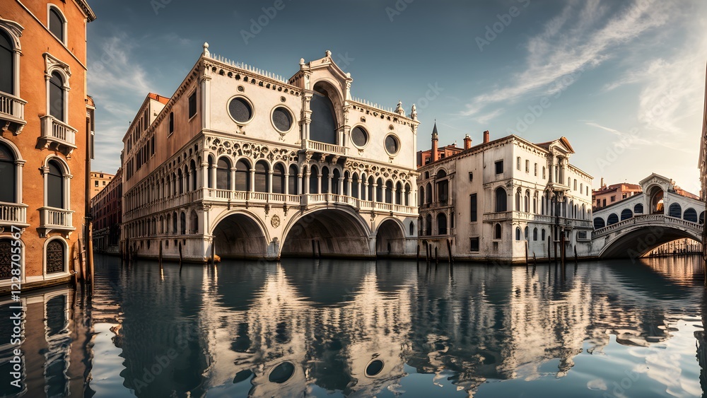 Naklejka premium Reflective Venice canal scene at sunrise featuring the iconic Bridge of Sighs and Palazzo Contarini del Bovolo.