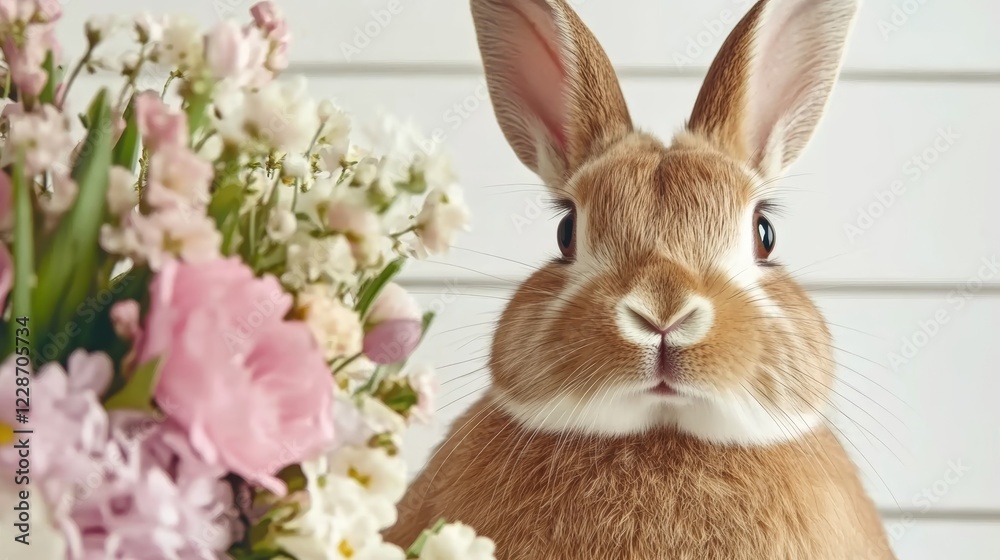 Fototapeta premium Fluffy Brown Bunny with Spring Bouquet