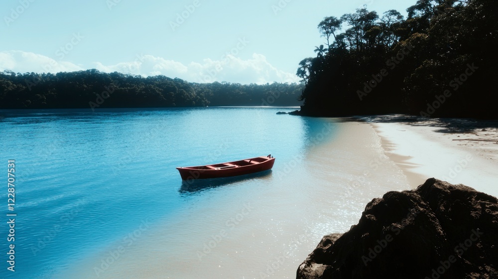 Fototapeta premium Serene Tropical Island Boat on Calm Turquoise Water Sandy Beach Lush Foliage