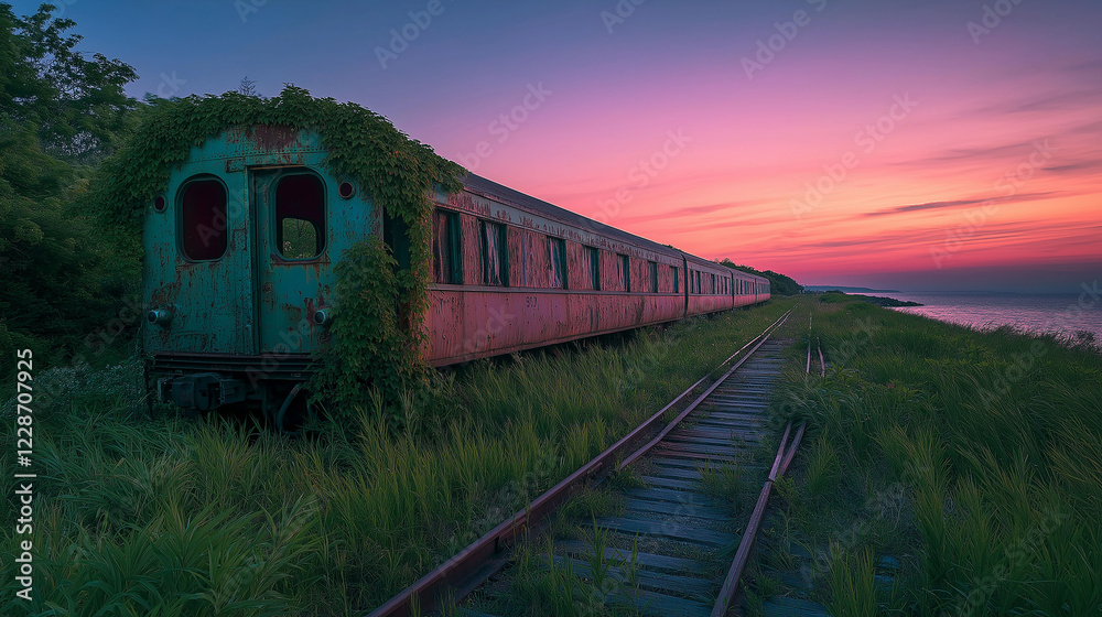 Obraz premium A long exposure of rusting train tracks stretching into the horizon, with an overgrown train car on the side, giving the photo a dreamlike, timeless feel